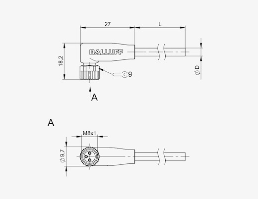 Balluff BCC02P6 M8x1 3 Pin 90° Dişi A-Coded 5 Metre PVC Konnektörlü Kablo
