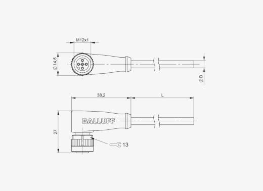 Balluff BCC08F9 M12x1 5 Pin 90° Dişi A-Coded 2 Metre PUR Konnektörlü Kablo