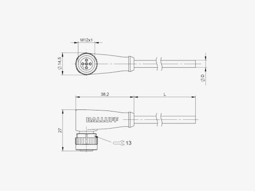 Balluff BCC0FRR M12x1 5 Pin 90° Female A-Coded 10 Meter Cable with PVC Connector