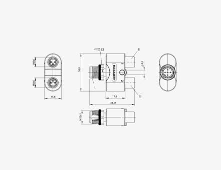 Balluff BCC09JC M12x1 4 Pin Erkek + 2x M8x1 3 Pin Dişi A-Coded T-Konnektör